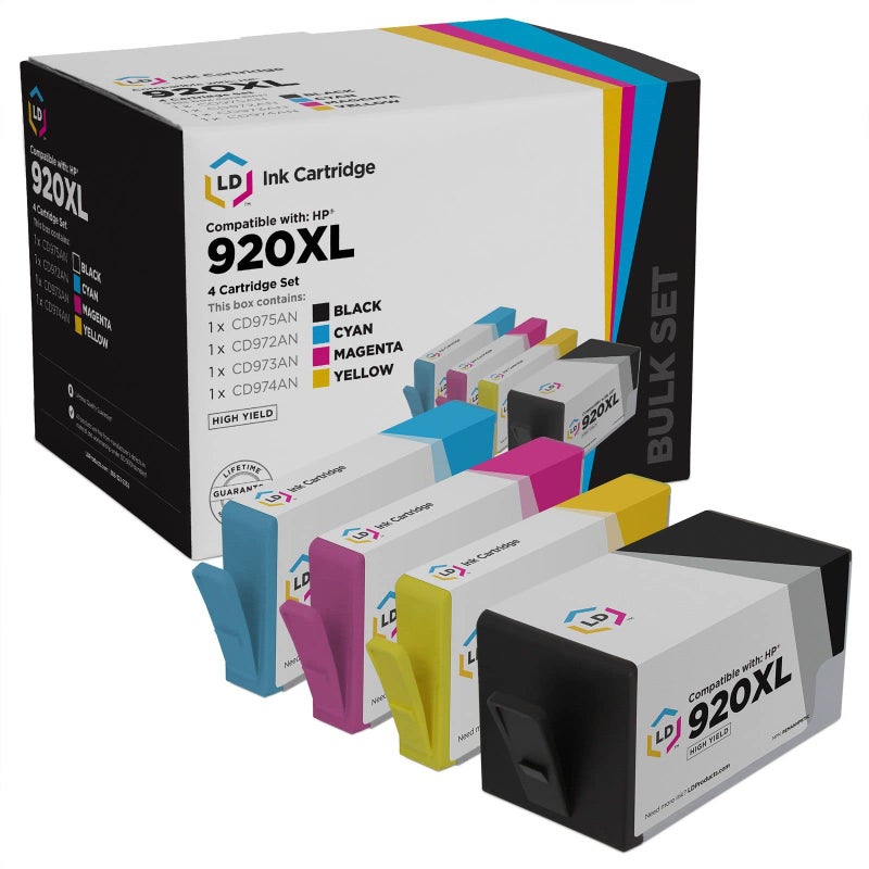 LD Products Remanufactured Ink Cartridge Replacements High Yield (1 Black, 1 Cyan, 1 Magenta, 1 Yellow, 4-Pack) for use with Printers 920XL, CD972AN, CD973AN, CD974AN, and CD975AN - Image 1